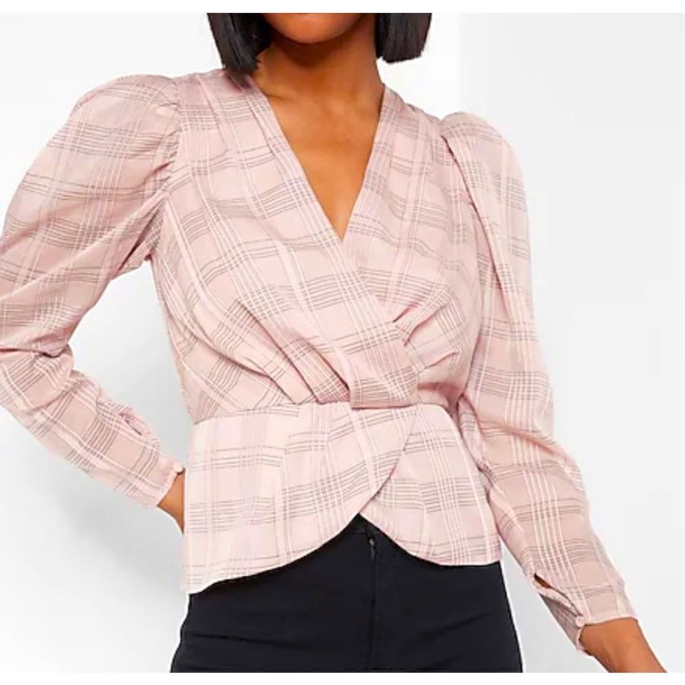 Express Check Print Faux wrap front peplum top - truffle pink - XLarge